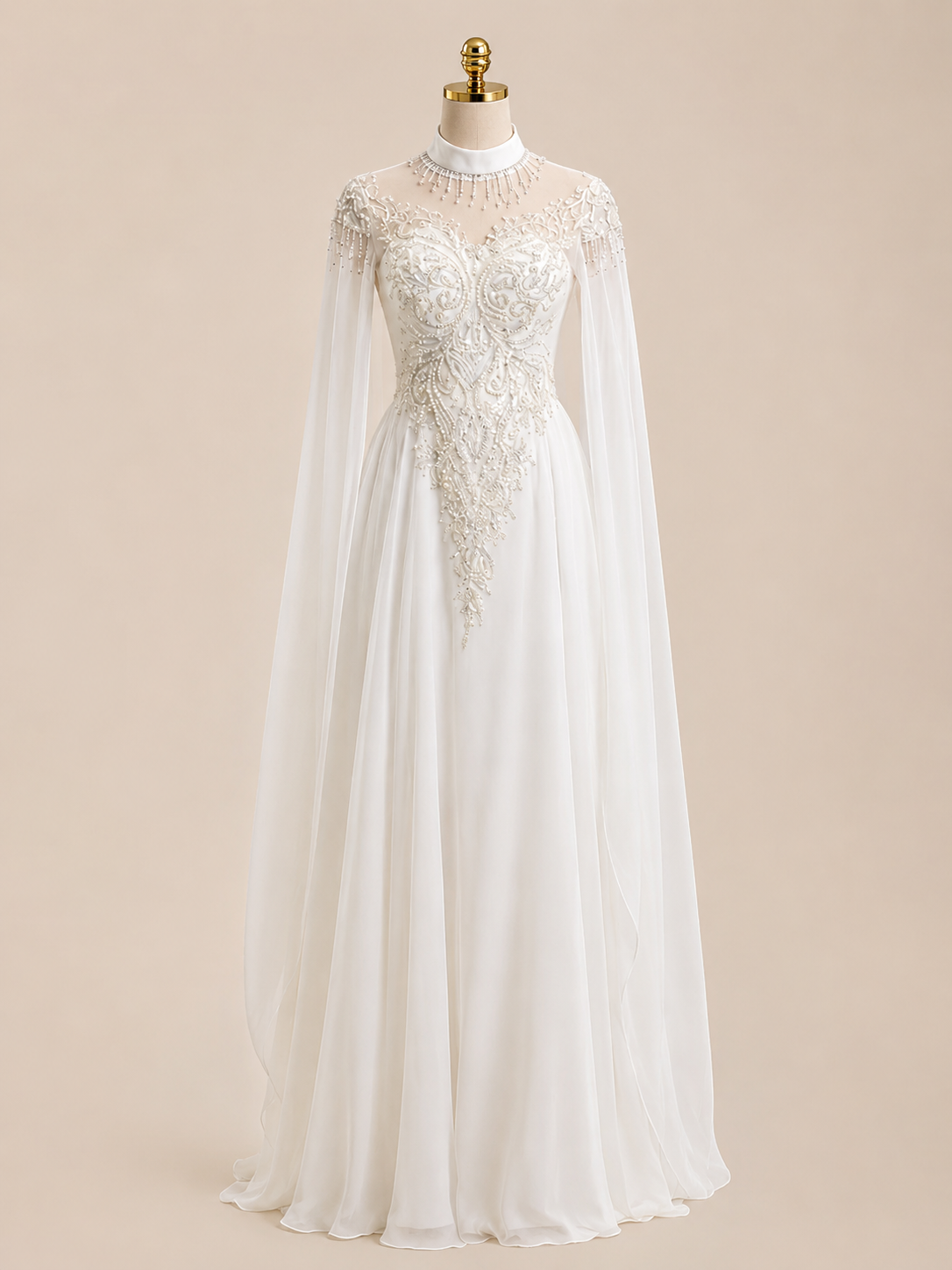 Elegant White Beaded with Cape Sleeves Evening Dress SL164