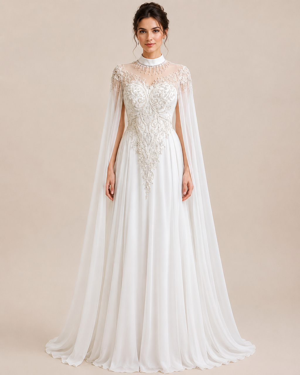 Elegant White Beaded with Cape Sleeves Evening Dress SL164