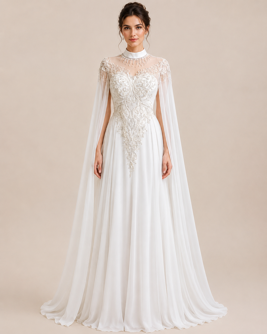 Elegant White Beaded with Cape Sleeves Evening Dress SL164