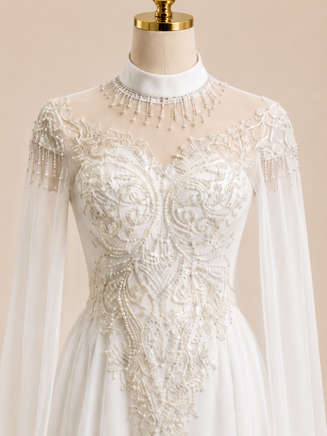 Elegant White Beaded with Cape Sleeves Evening Dress SL164