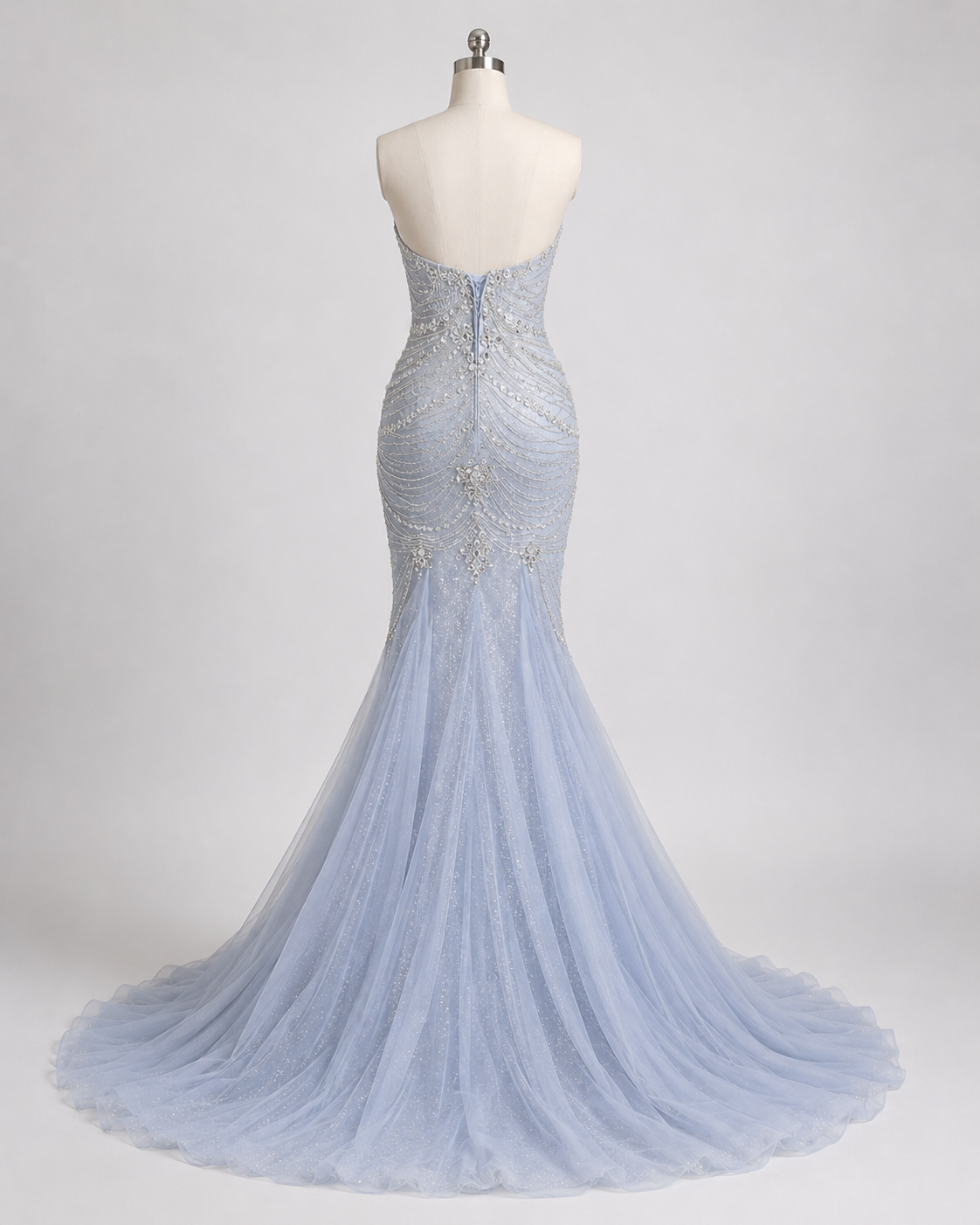 Icy Blue Strapless Beaded Mermaid Evening Gown with Train SL165