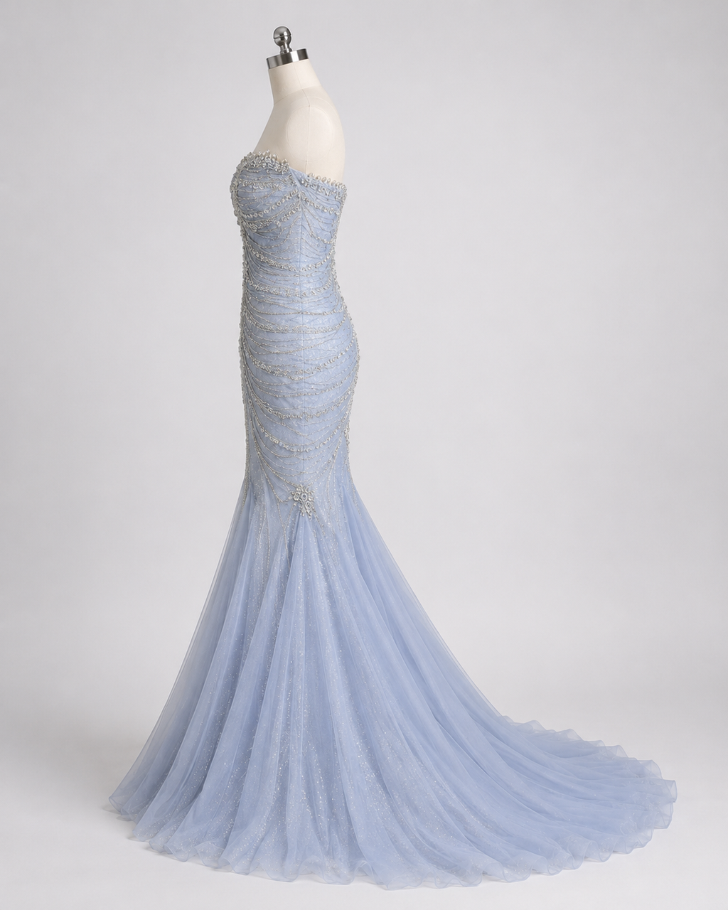 Icy Blue Strapless Beaded Mermaid Evening Gown with Train SL165