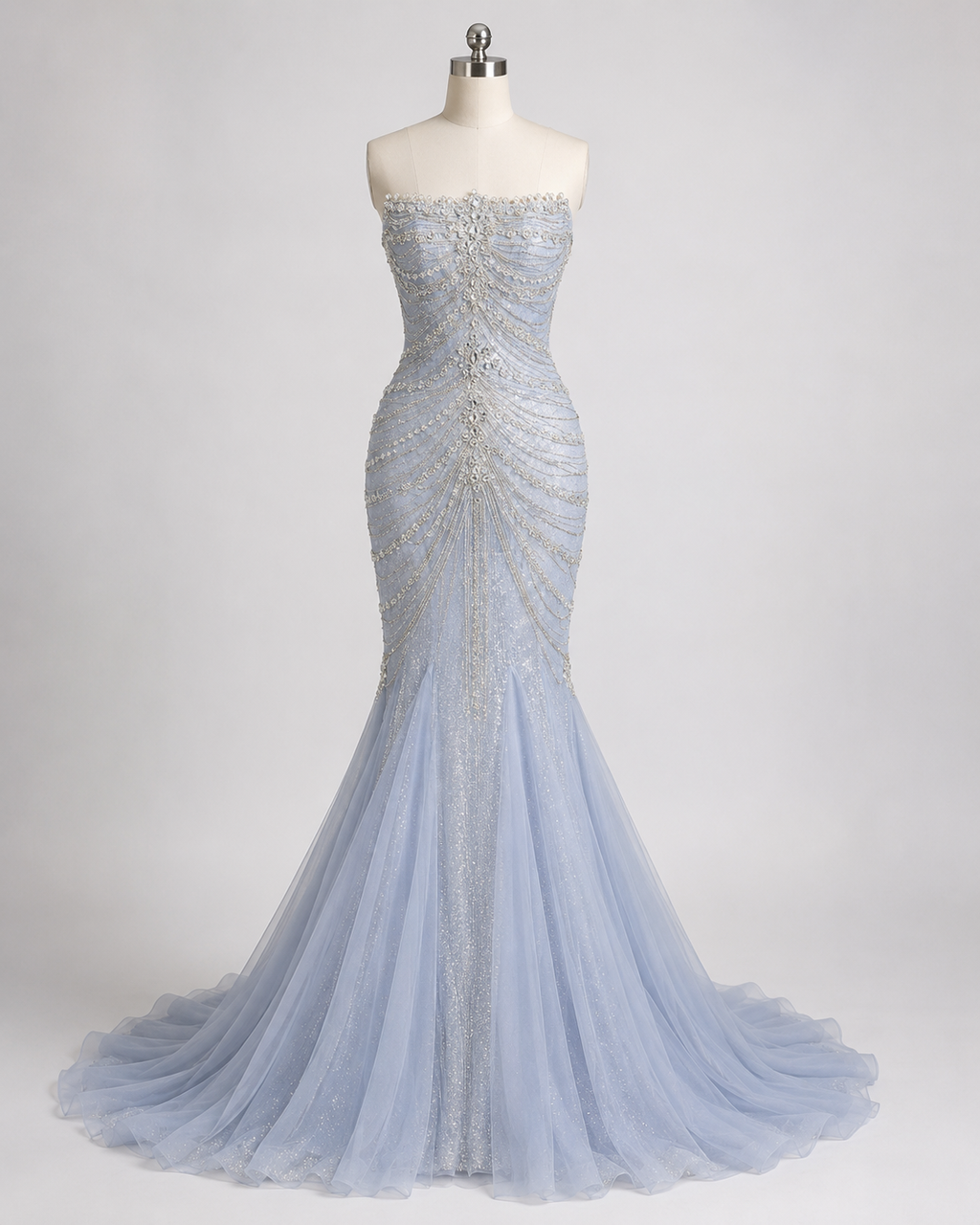 Icy Blue Strapless Beaded Mermaid Evening Gown with Train SL165