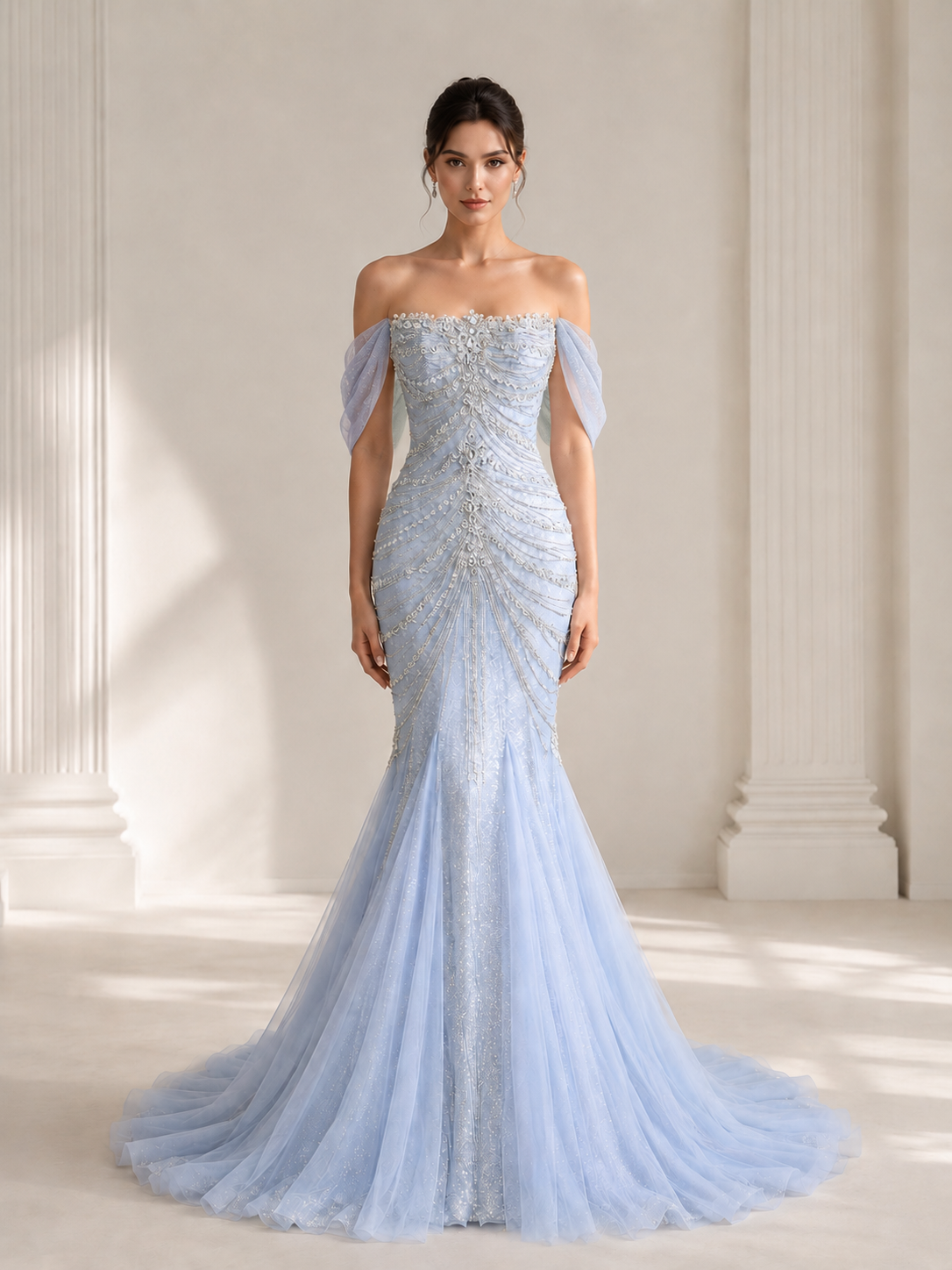 Icy Blue Strapless Beaded Mermaid Evening Gown with Train SL165