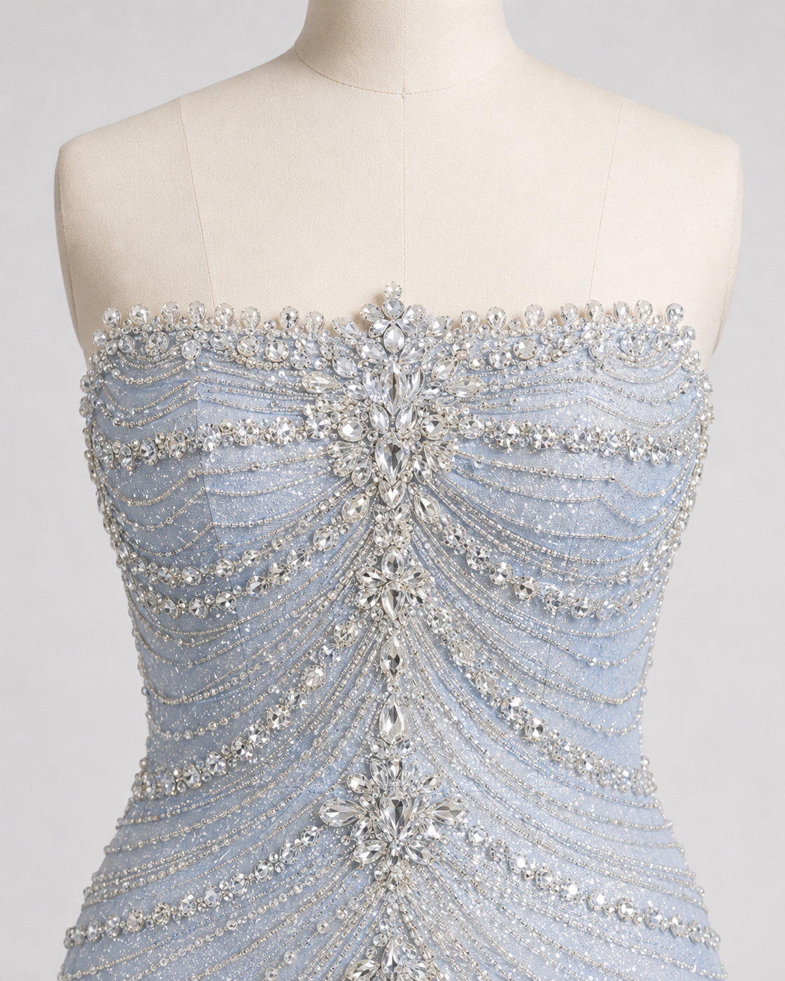 Icy Blue Strapless Beaded Mermaid Evening Gown with Train SL165