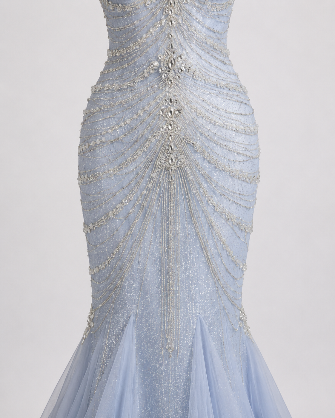 Icy Blue Strapless Beaded Mermaid Evening Gown with Train SL165
