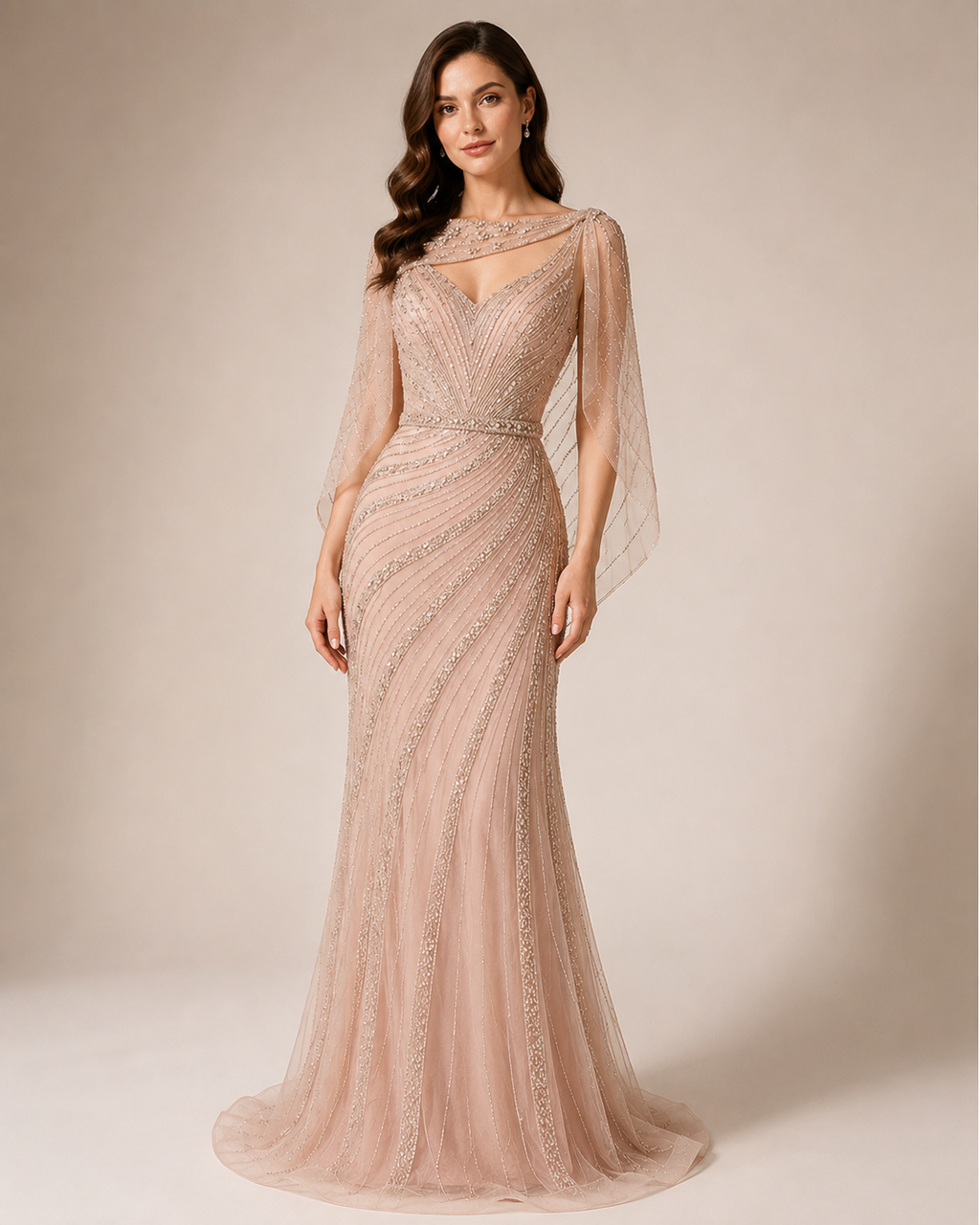Champagne Beaded Mermaid Evening Gown with Illusion Neckline SL166