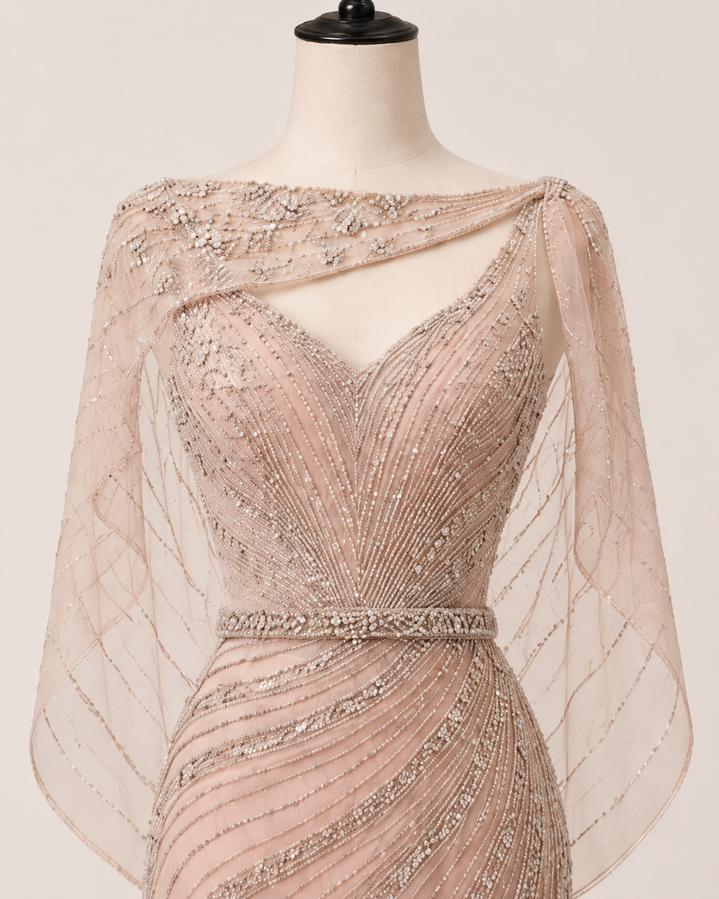 Champagne Beaded Mermaid Evening Gown with Illusion Neckline SL166