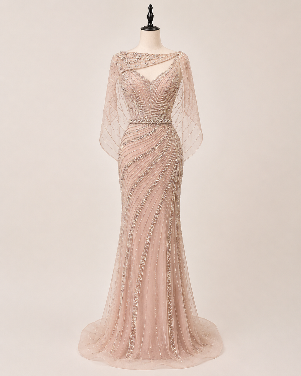 Champagne Beaded Mermaid Evening Gown with Illusion Neckline SL166