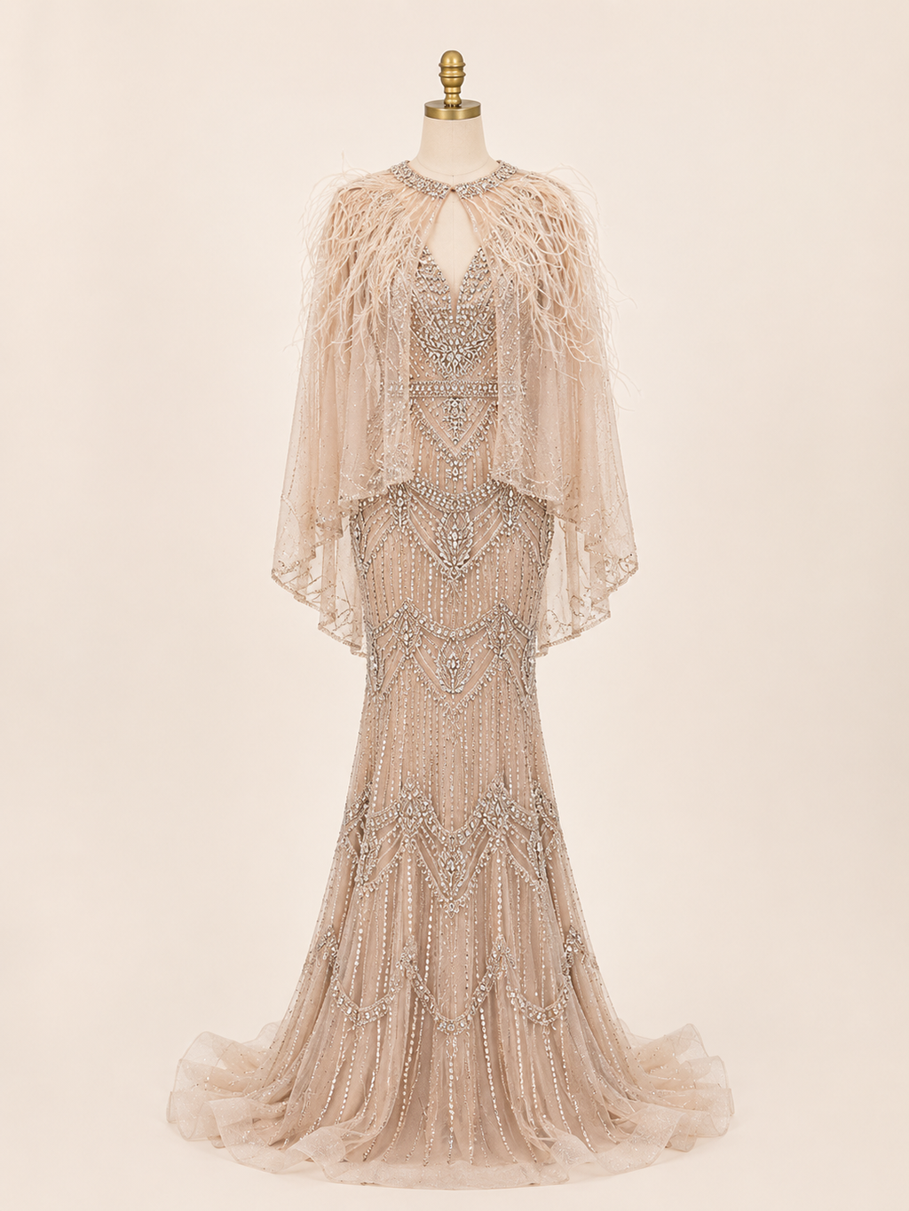 Champagne Crystal Beaded Mermaid Evening Gown with Feather Cape SL167
