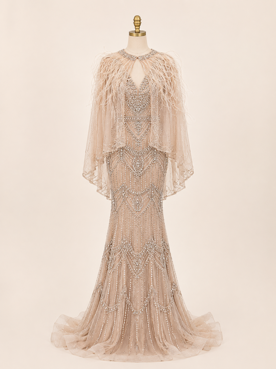 Champagne Crystal Beaded Mermaid Evening Gown with Feather Cape SL167