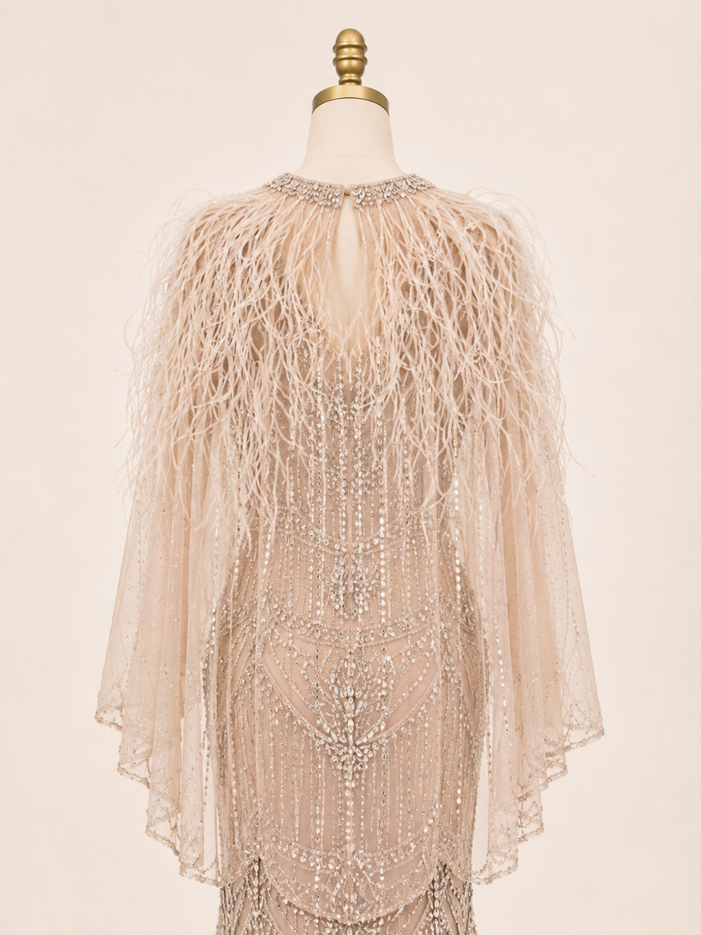 Champagne Crystal Beaded Mermaid Evening Gown with Feather Cape SL167