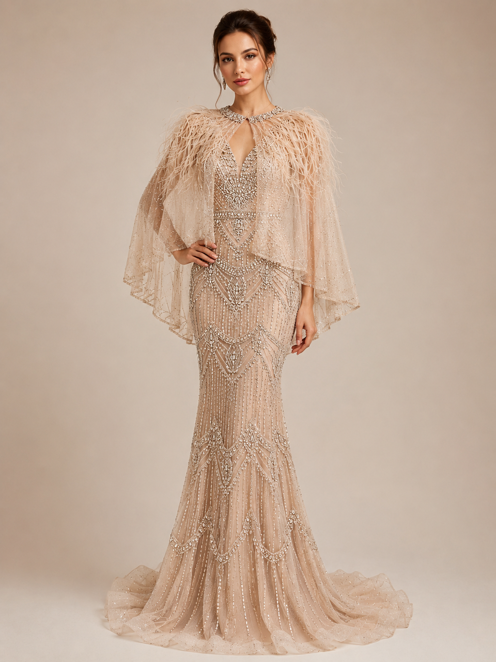 Champagne Crystal Beaded Mermaid Evening Gown with Feather Cape SL167