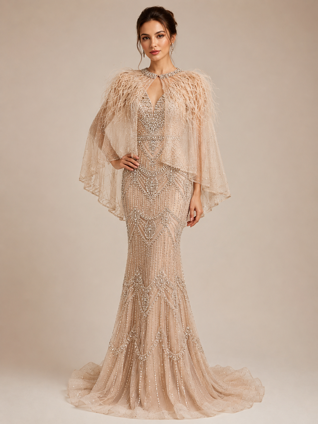 Champagne Crystal Beaded Mermaid Evening Gown with Feather Cape SL167