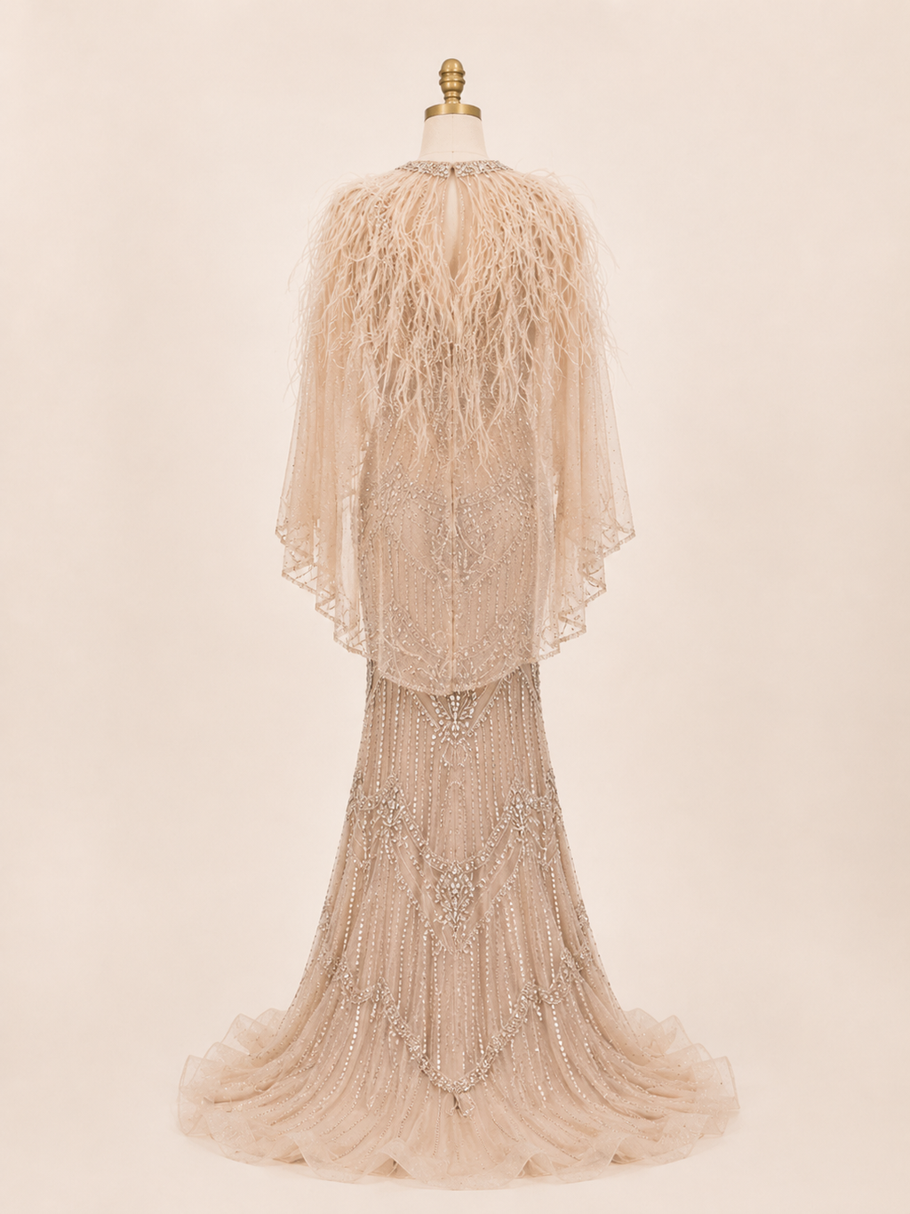 Champagne Crystal Beaded Mermaid Evening Gown with Feather Cape SL167