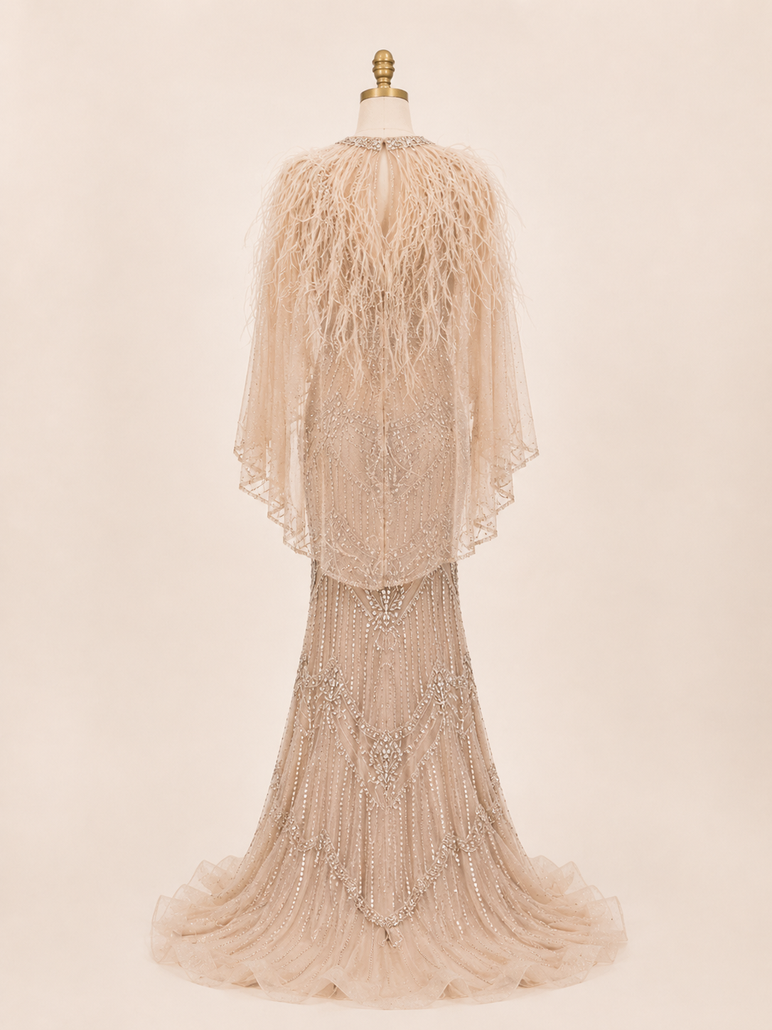 Champagne Crystal Beaded Mermaid Evening Gown with Feather Cape SL167