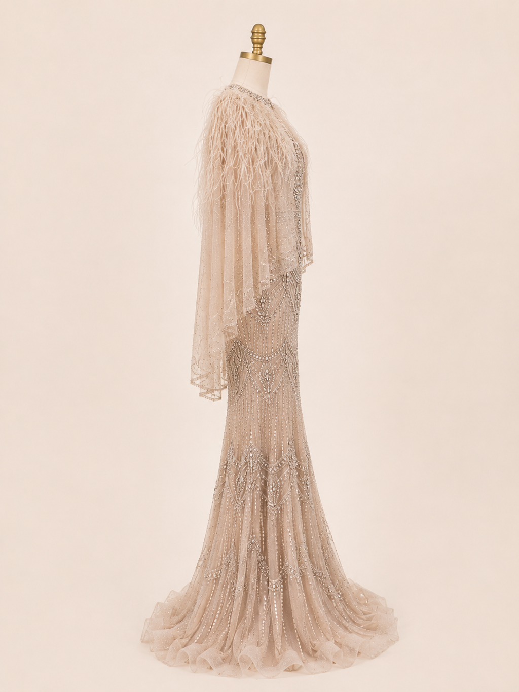 Champagne Crystal Beaded Mermaid Evening Gown with Feather Cape SL167