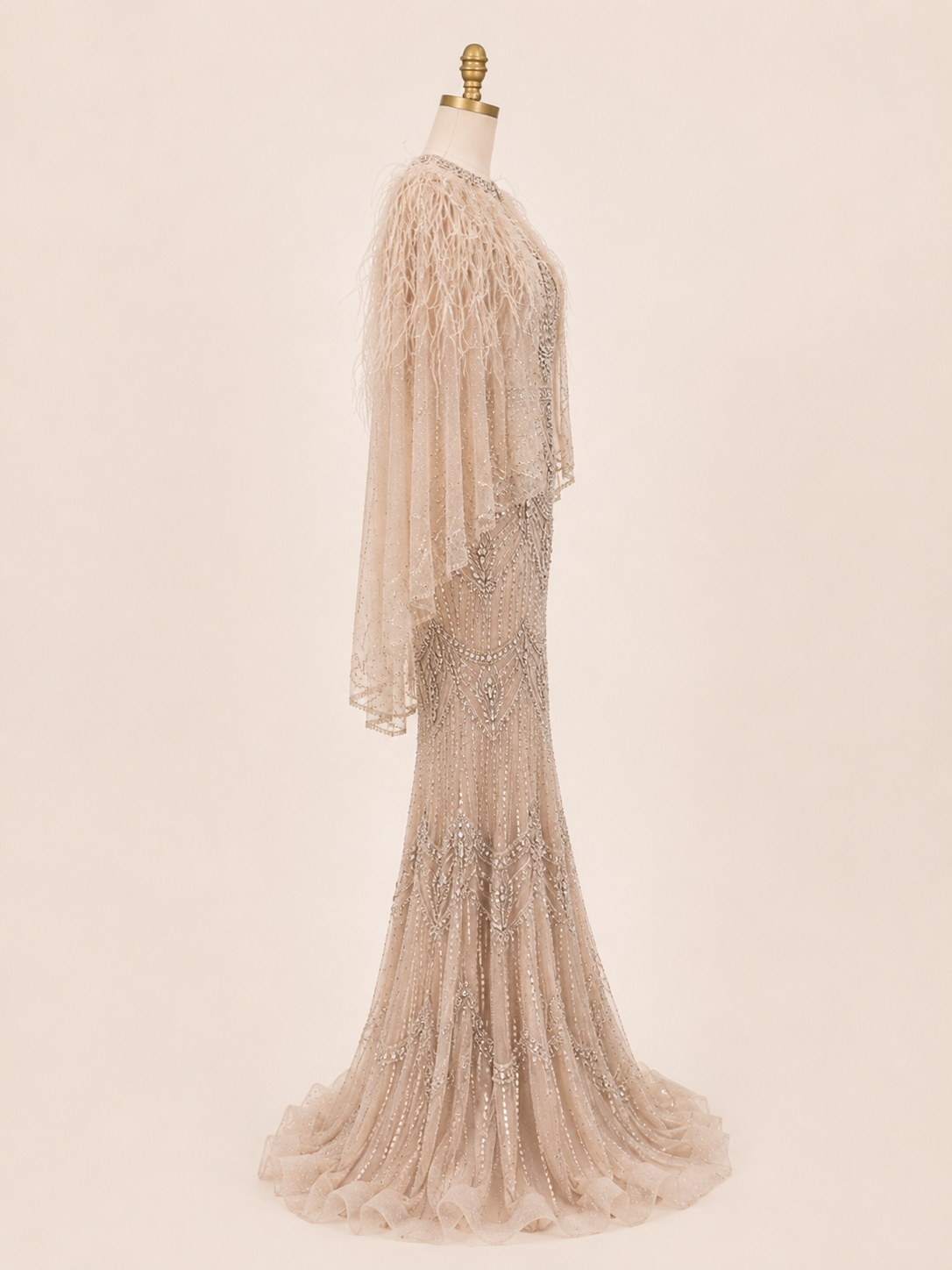 Champagne Crystal Beaded Mermaid Evening Gown with Feather Cape SL167
