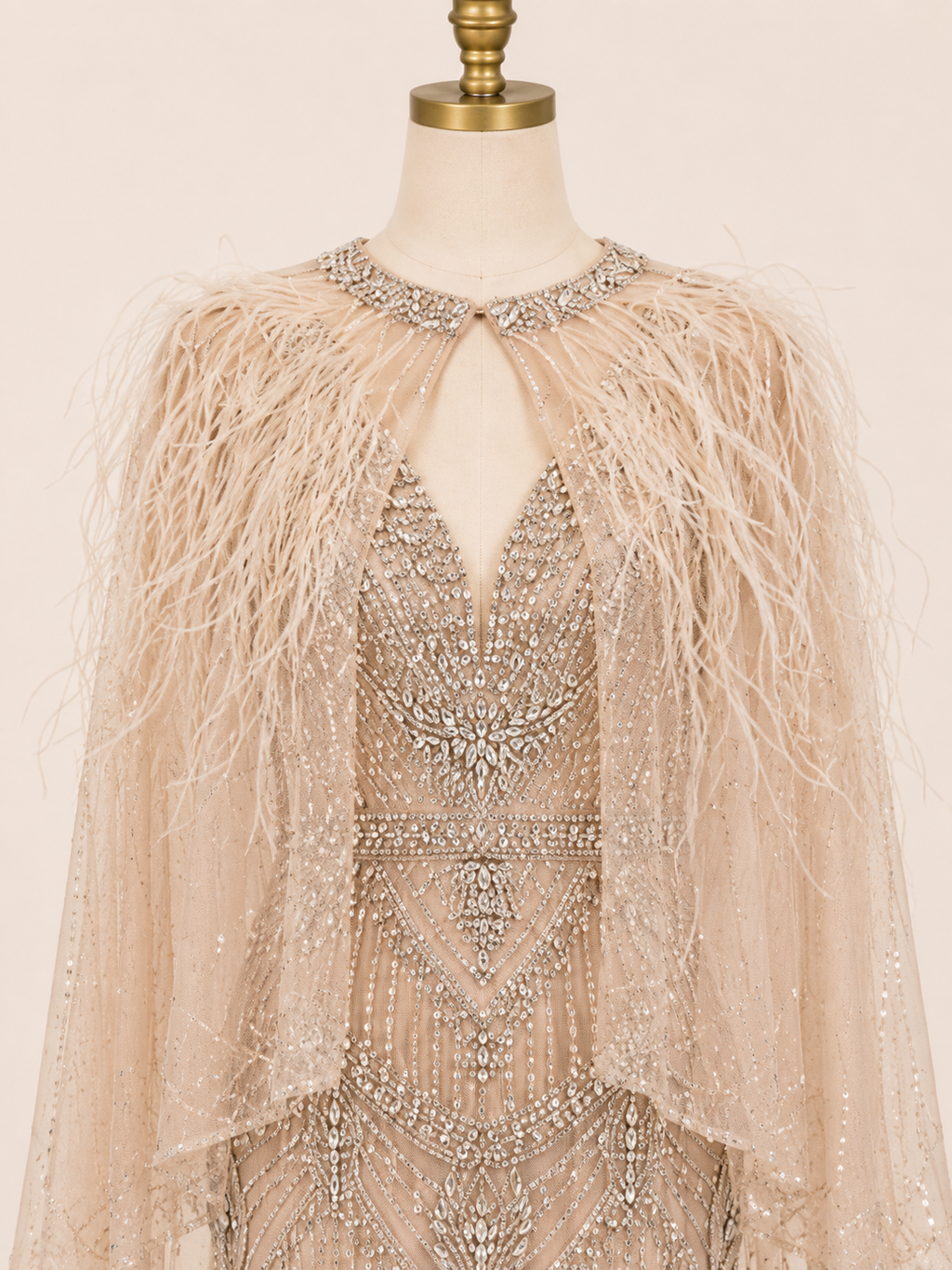 Champagne Crystal Beaded Mermaid Evening Gown with Feather Cape SL167