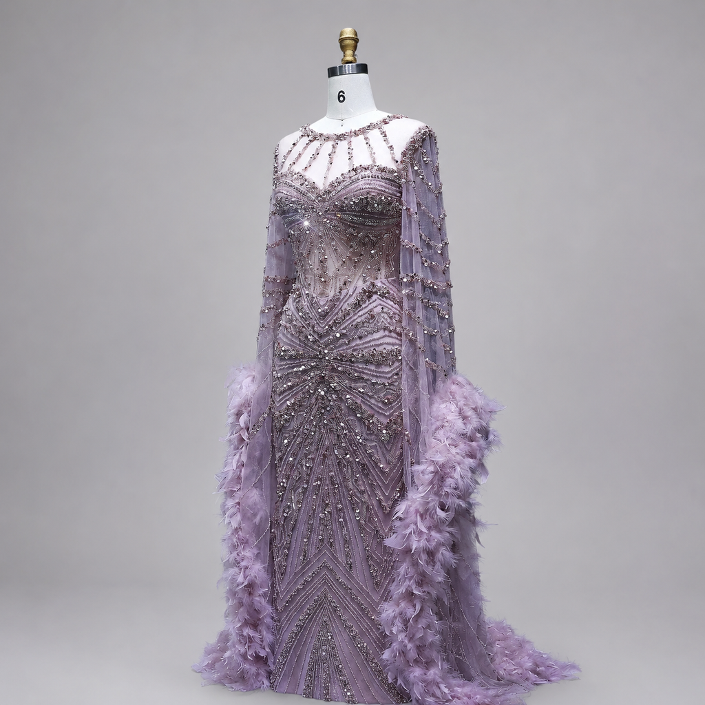 Champagne Feather Trim Crystal Mermaid Dress for Prom Formal Events SL169