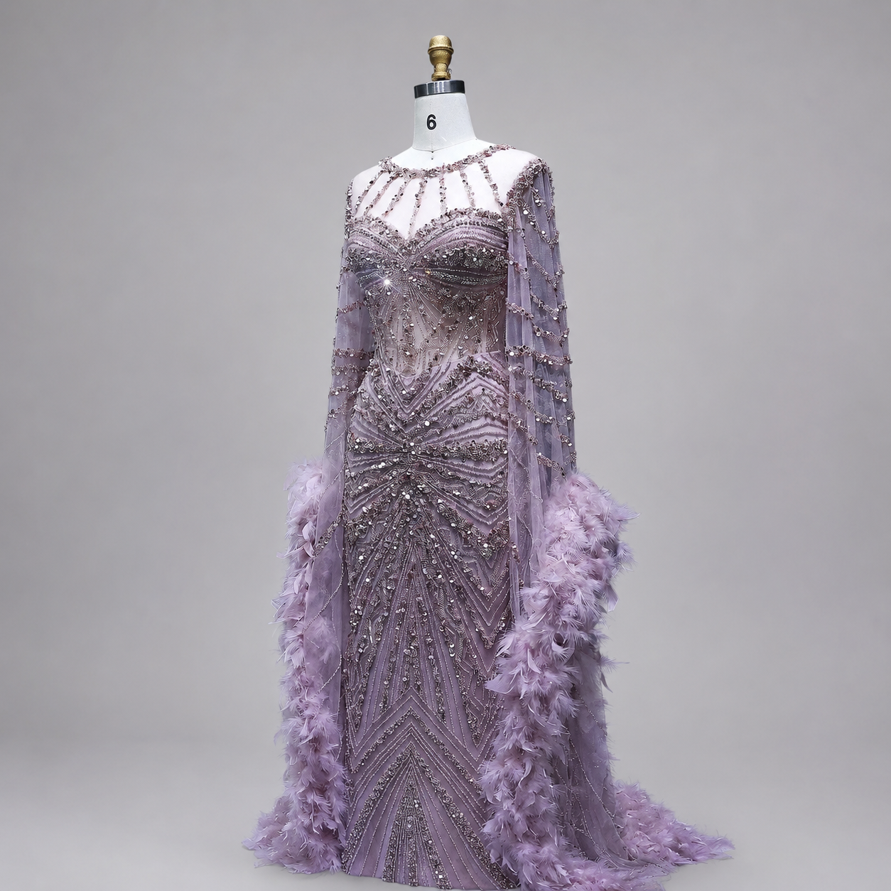 Champagne Feather Trim Crystal Mermaid Dress for Prom Formal Events SL169