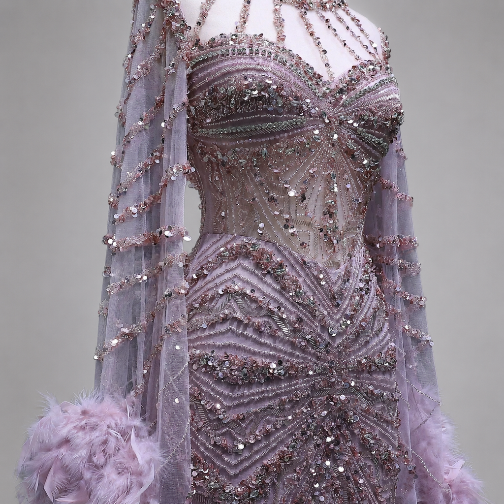Champagne Feather Trim Crystal Mermaid Dress for Prom Formal Events SL169