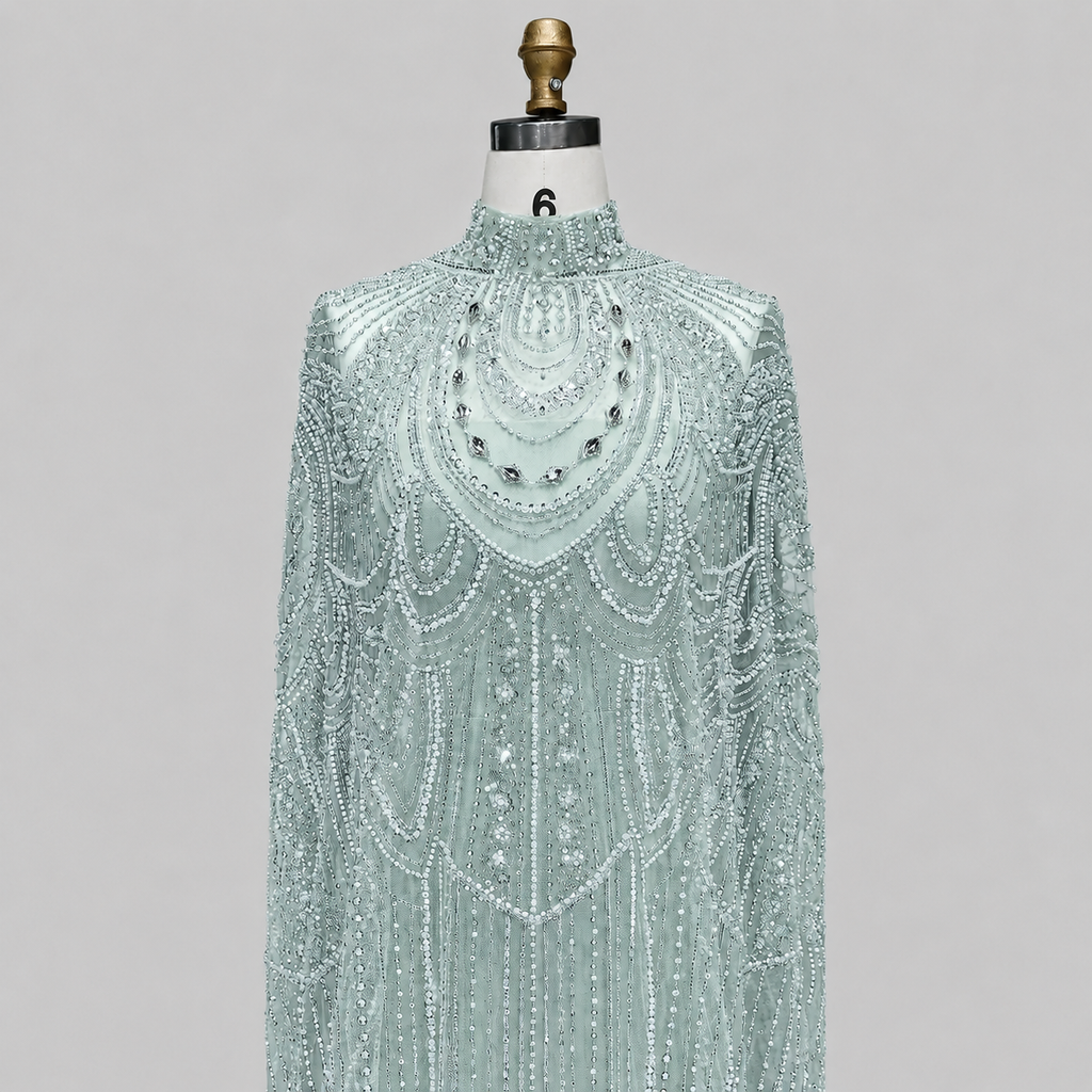 Champagne High Neck Crystal Maxi Gown with Draped Cape SL170