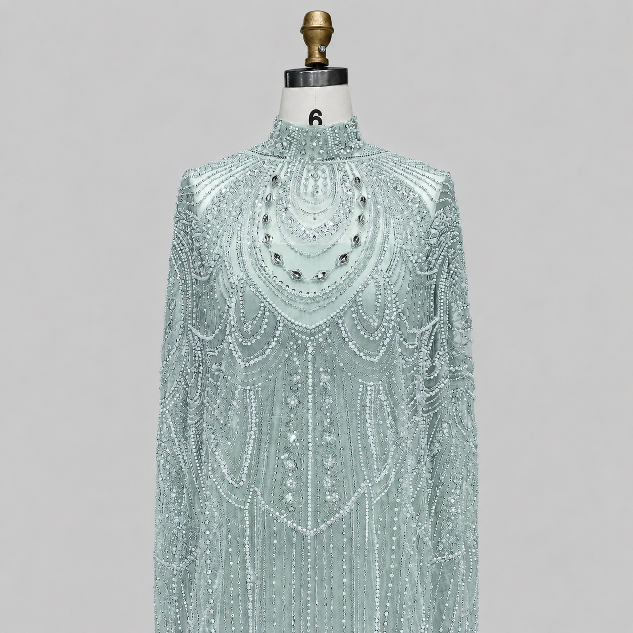 Champagne High Neck Crystal Maxi Gown with Draped Cape SL170