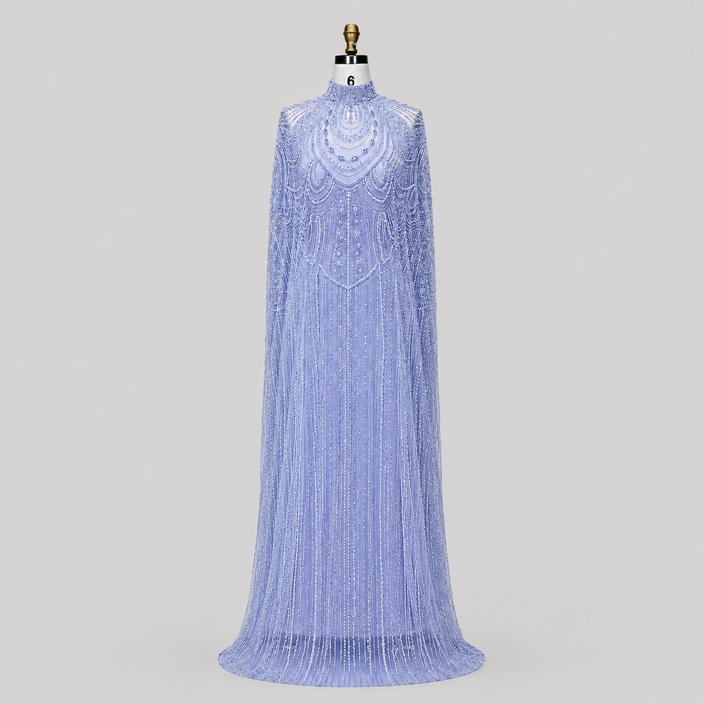 Champagne High Neck Crystal Maxi Gown with Draped Cape SL170