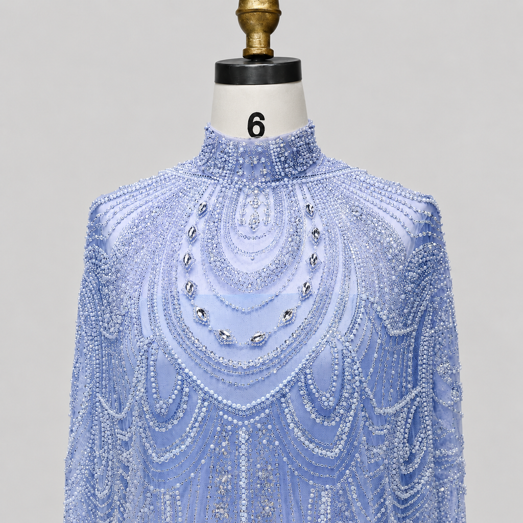 Champagne High Neck Crystal Maxi Gown with Draped Cape SL170