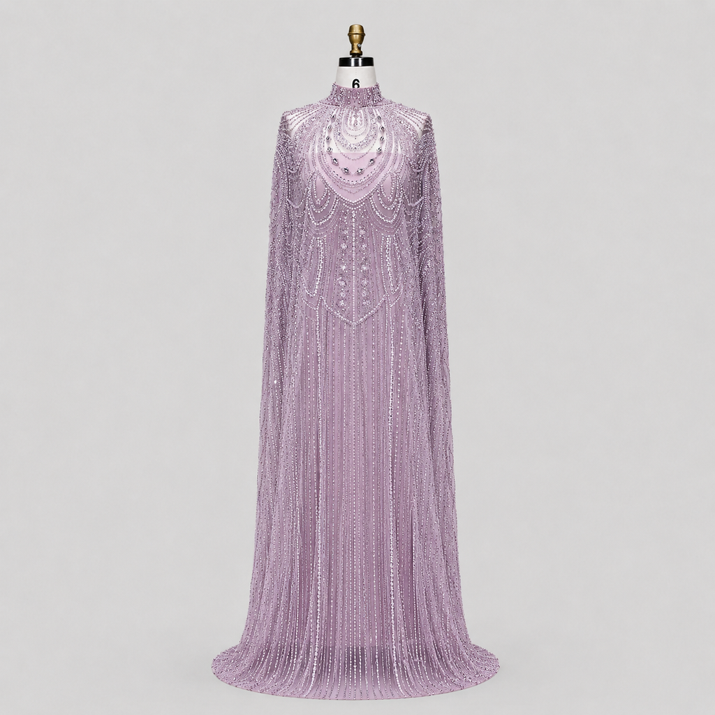 Champagne High Neck Crystal Maxi Gown with Draped Cape SL170