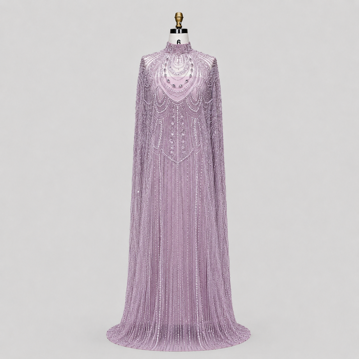 Champagne High Neck Crystal Maxi Gown with Draped Cape SL170