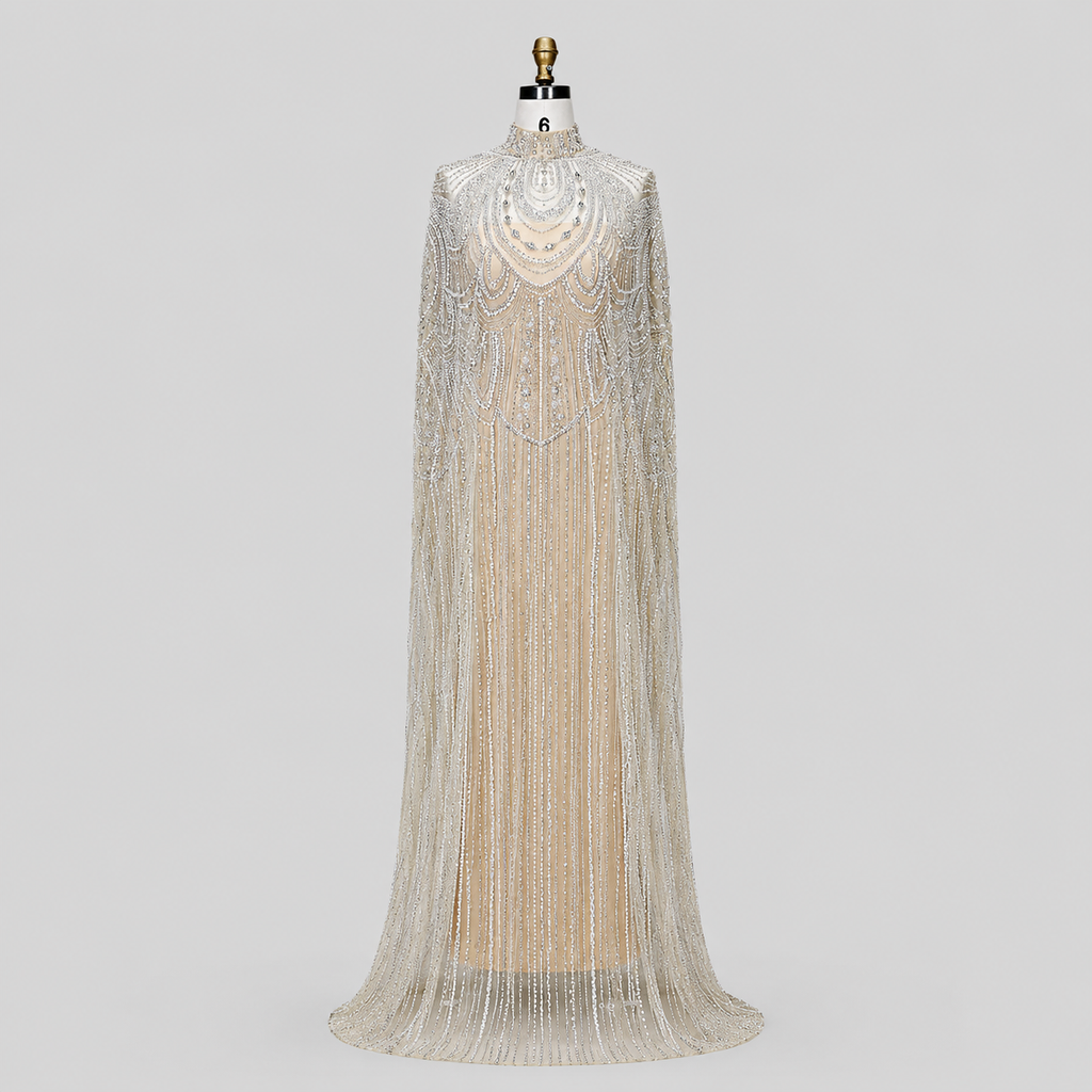 Champagne High Neck Crystal Maxi Gown with Draped Cape SL170