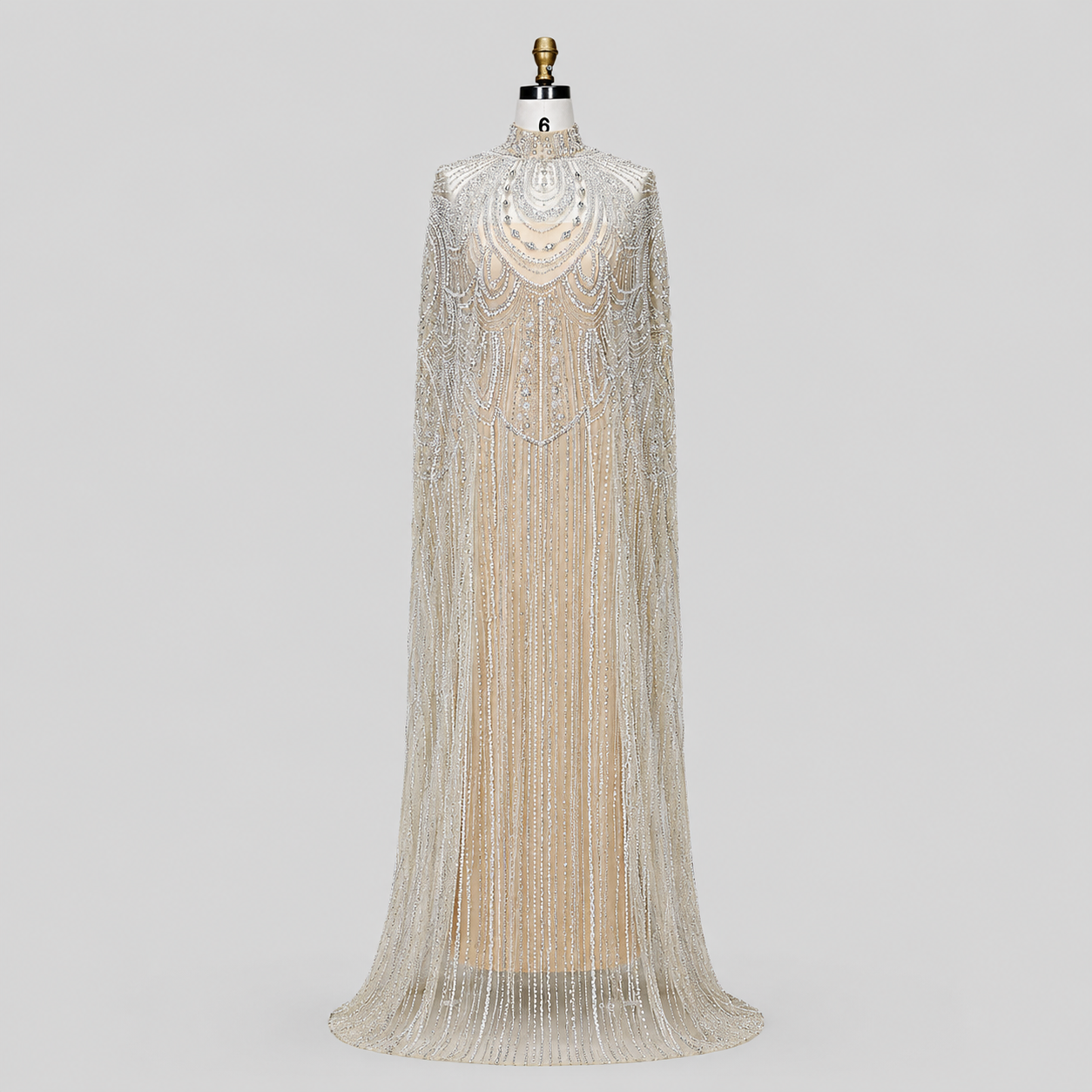Champagne High Neck Crystal Maxi Gown with Draped Cape SL170