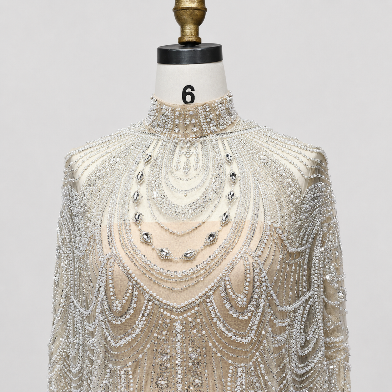 Champagne High Neck Crystal Maxi Gown with Draped Cape SL170