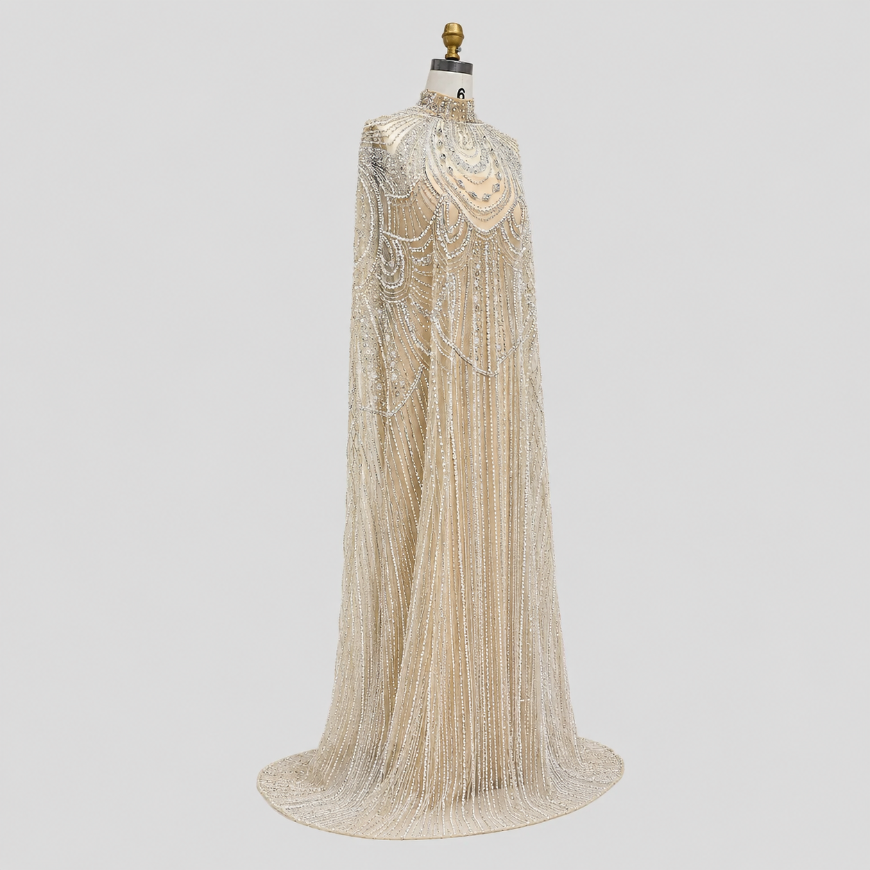 Champagne High Neck Crystal Maxi Gown with Draped Cape SL170