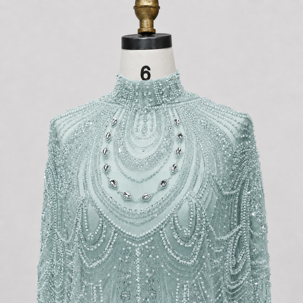 Champagne High Neck Crystal Maxi Gown with Draped Cape SL170