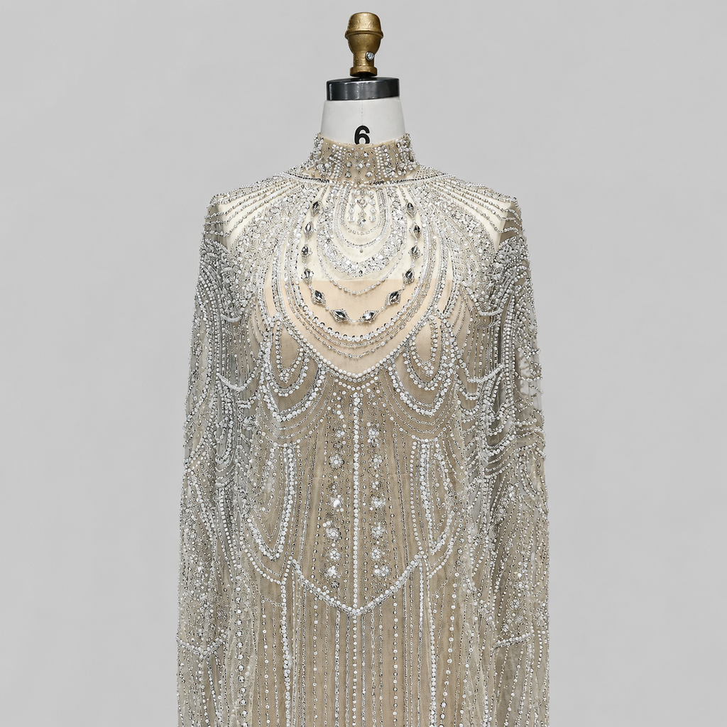 Champagne High Neck Crystal Maxi Gown with Draped Cape SL170