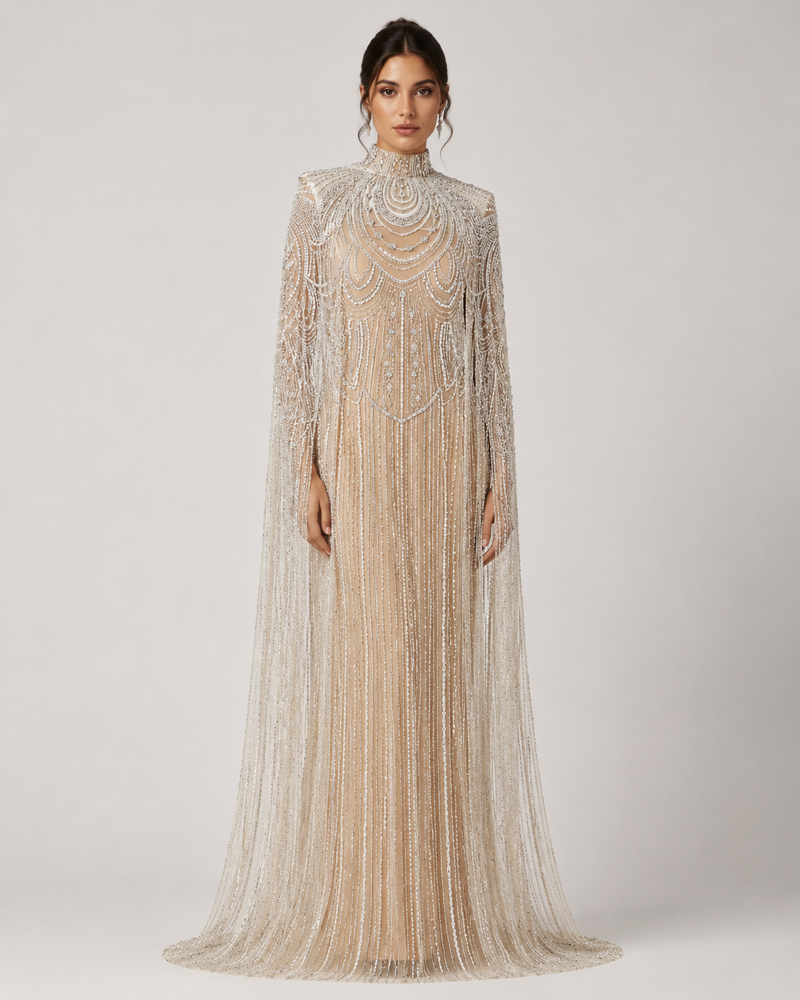 Champagne High Neck Crystal Maxi Gown with Draped Cape SL170