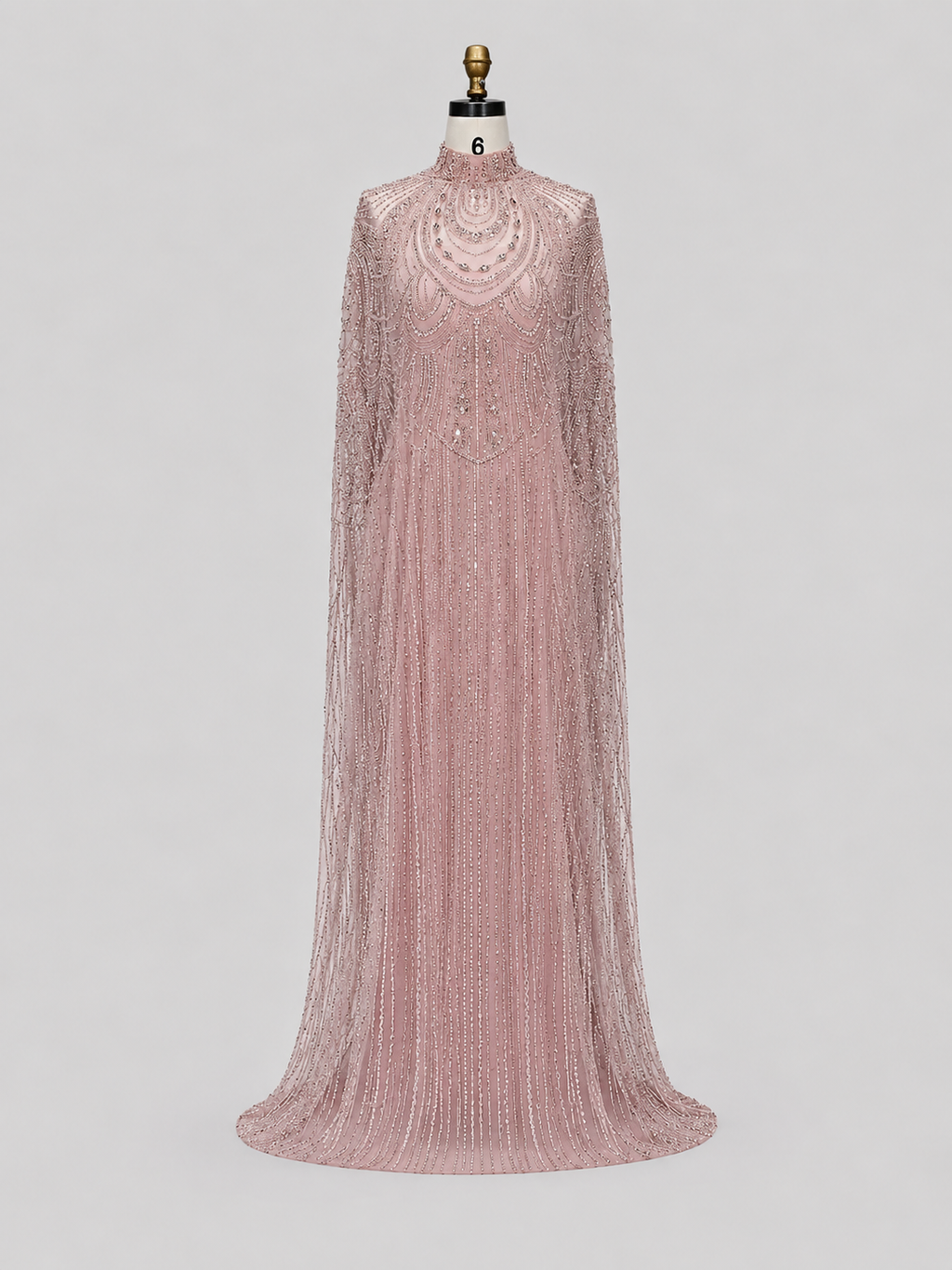 Champagne High Neck Crystal Maxi Gown with Draped Cape SL170