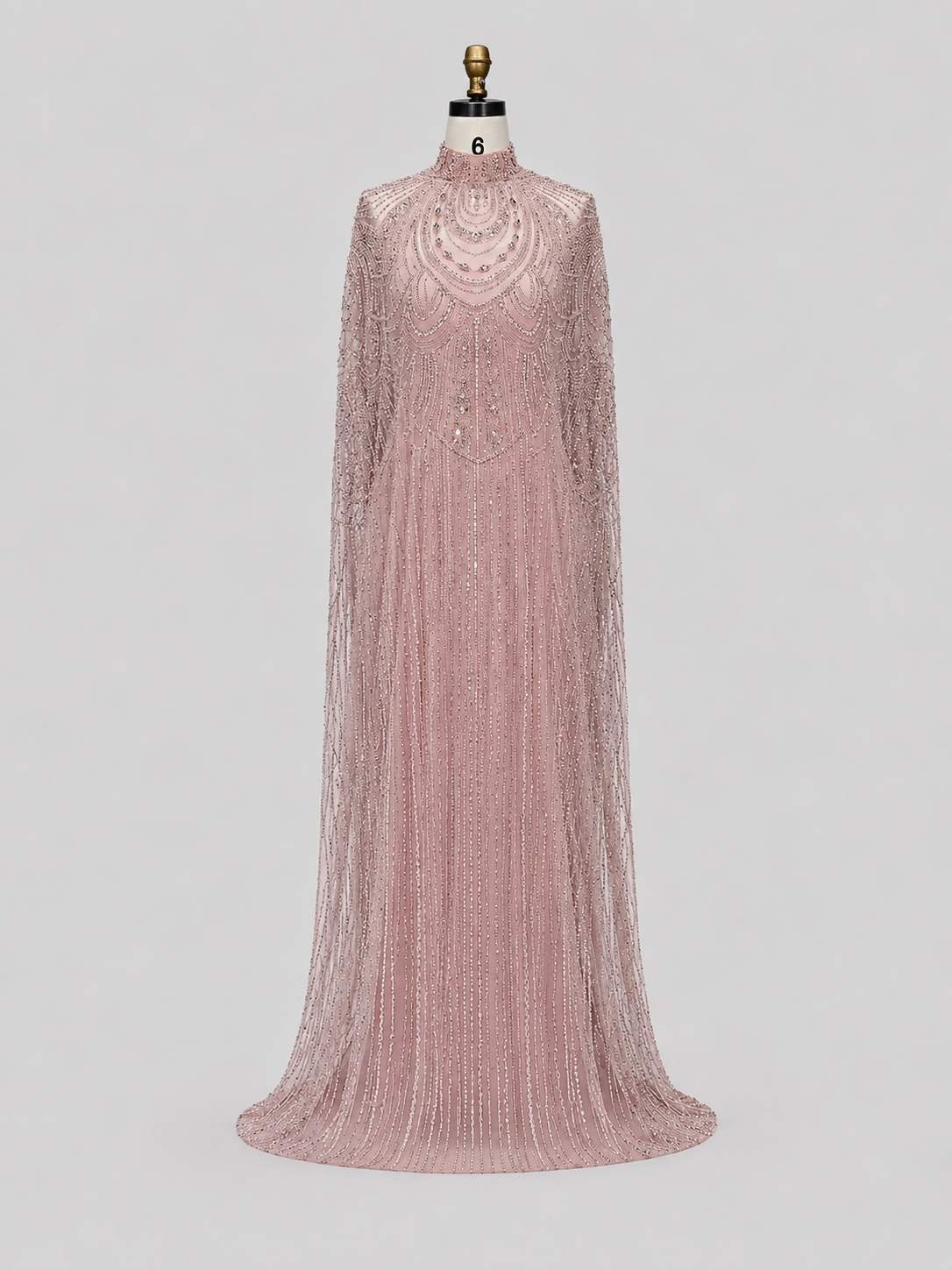 Champagne High Neck Crystal Maxi Gown with Draped Cape SL170