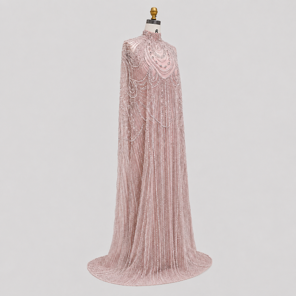 Champagne High Neck Crystal Maxi Gown with Draped Cape SL170