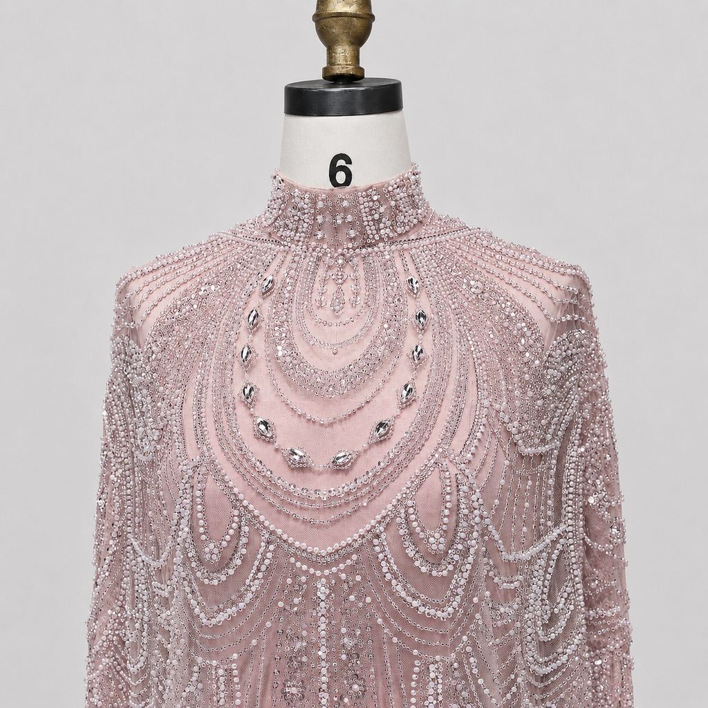 Champagne High Neck Crystal Maxi Gown with Draped Cape SL170