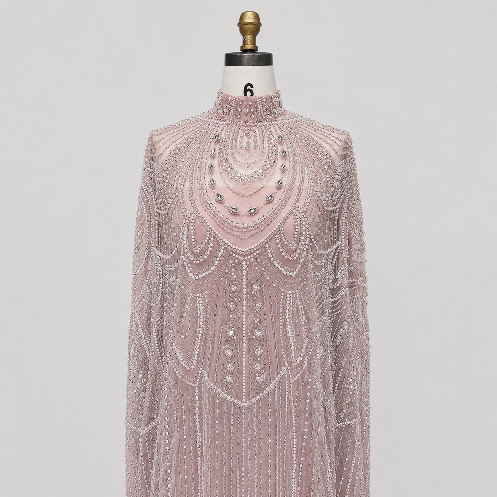Champagne High Neck Crystal Maxi Gown with Draped Cape SL170