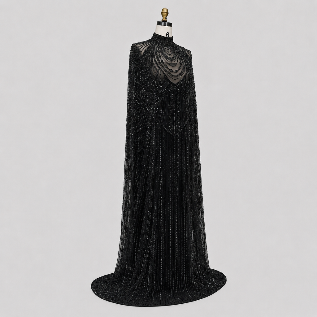 Champagne High Neck Crystal Maxi Gown with Draped Cape SL170