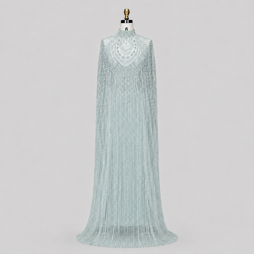 Champagne High Neck Crystal Maxi Gown with Draped Cape SL170