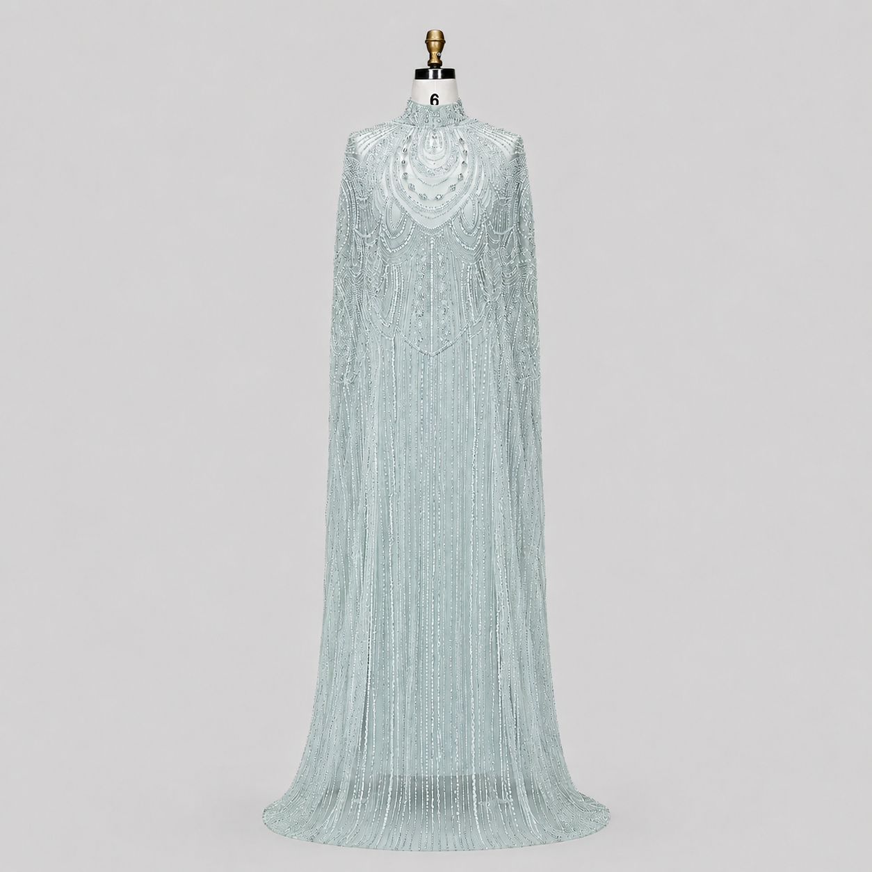 Champagne High Neck Crystal Maxi Gown with Draped Cape SL170