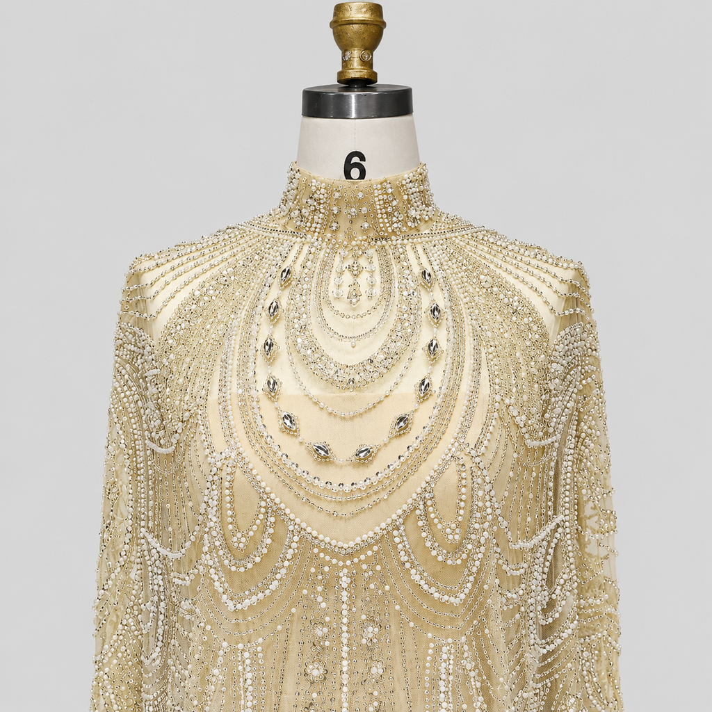 Champagne High Neck Crystal Maxi Gown with Draped Cape SL170