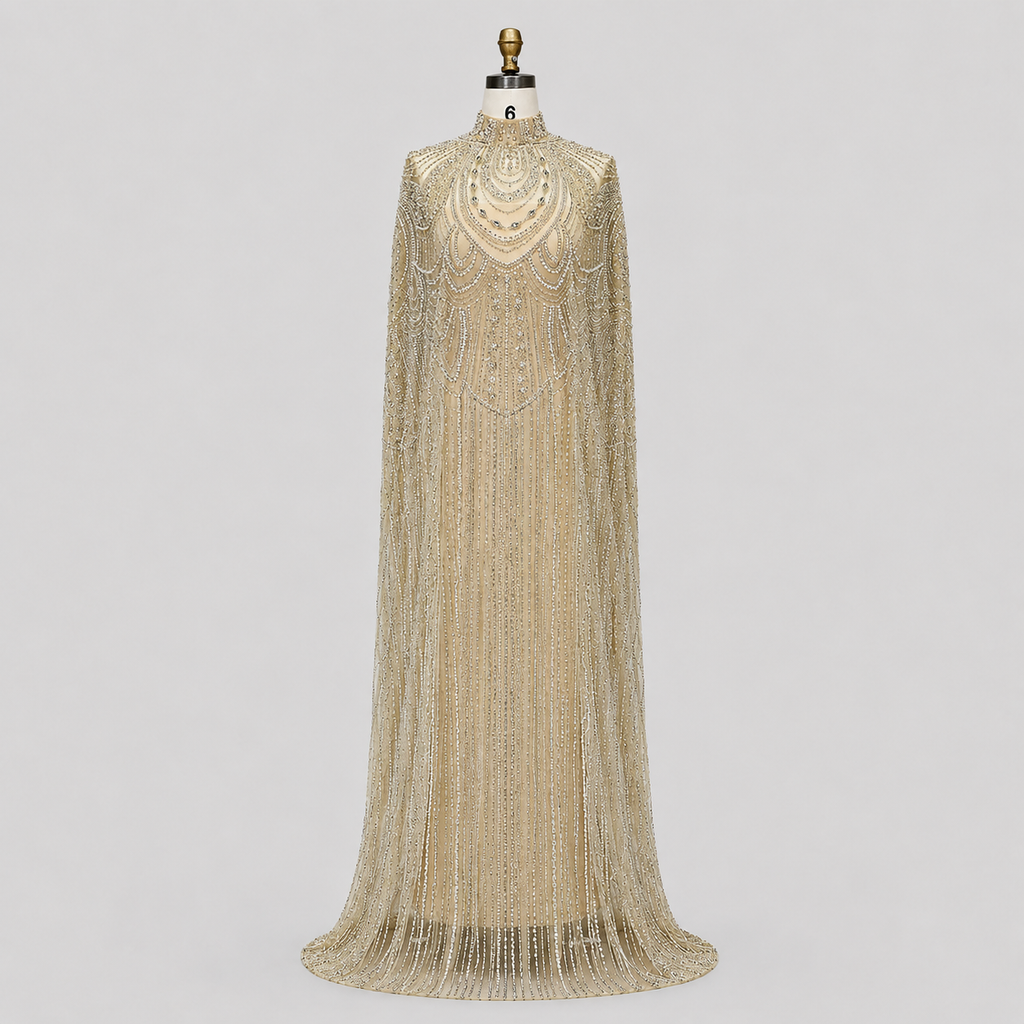 Champagne High Neck Crystal Maxi Gown with Draped Cape SL170
