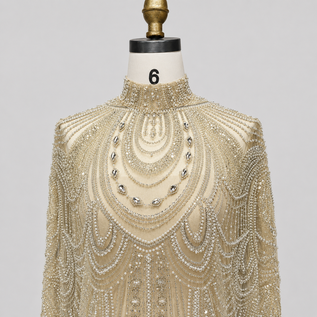 Champagne High Neck Crystal Maxi Gown with Draped Cape SL170